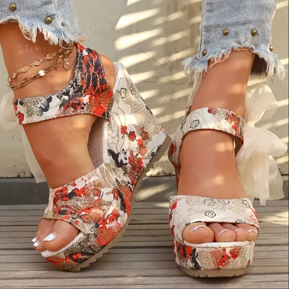 Floral Wedge Sandals - Red and Cream